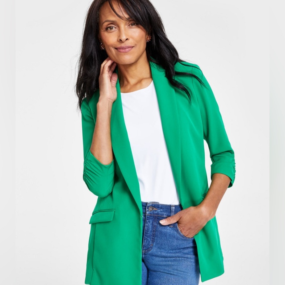 🍀Lucky Kelly Green 3/4 Ruched Sleeve Blazer Jacket Woman’s XL - Picture 5 of 5